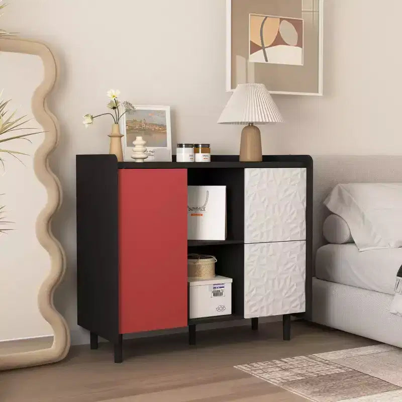 Black Sideboard with Red Doors - 2 Drawers, 2 Open Compartments, Modern Accent Cabinet