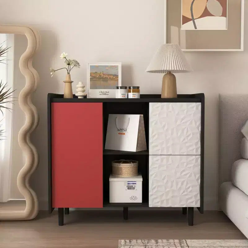 Black Sideboard with Red Doors - 2 Drawers, 2 Open Compartments, Modern Accent Cabinet