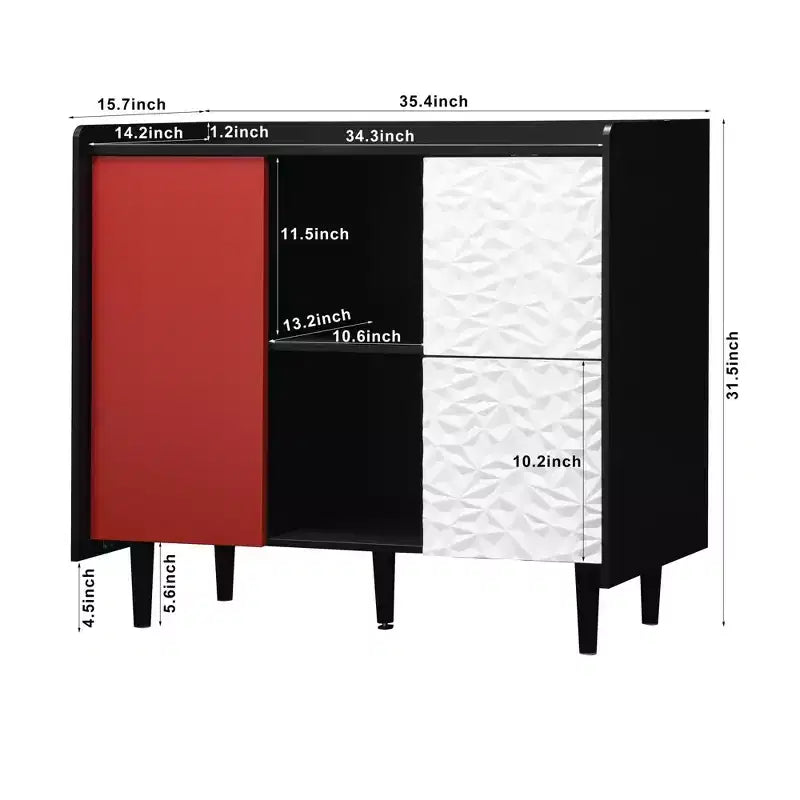 Black Sideboard with Red Doors - 2 Drawers, 2 Open Compartments, Modern Accent Cabinet
