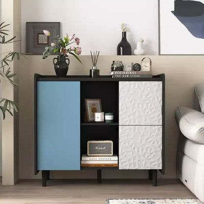 Black Sideboard with Red Doors - 2 Drawers, 2 Open Compartments, Modern Accent Cabinet
