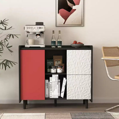 Black Sideboard with Red Doors - 2 Drawers, 2 Open Compartments, Modern Accent Cabinet