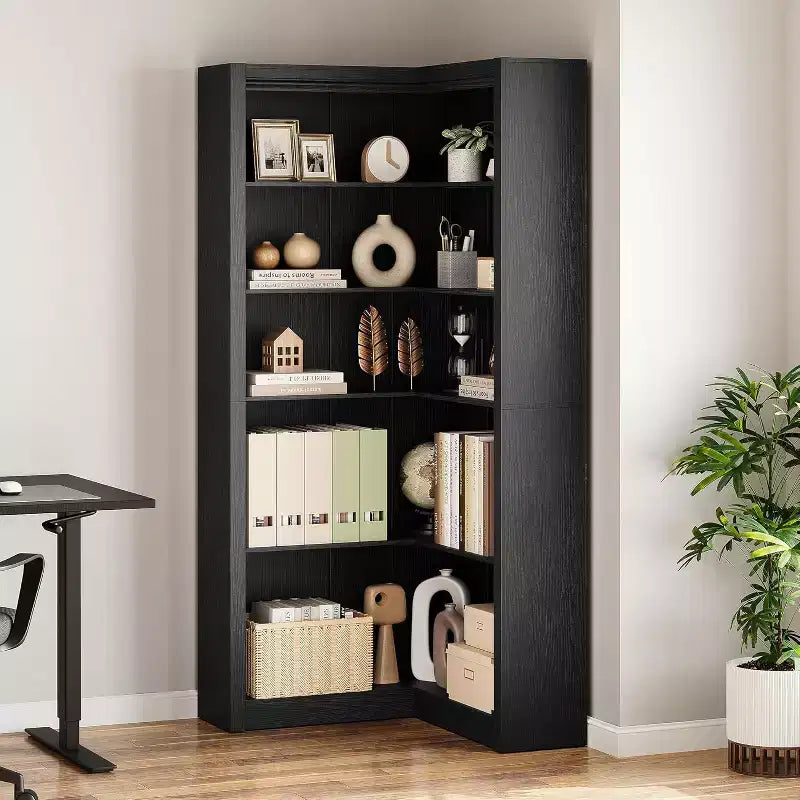 71.8'' Corner Bookshelf, 5-Tier Wooden Farmhouse Bookcase w/Anti-Tipping Kit, Storage Organizer