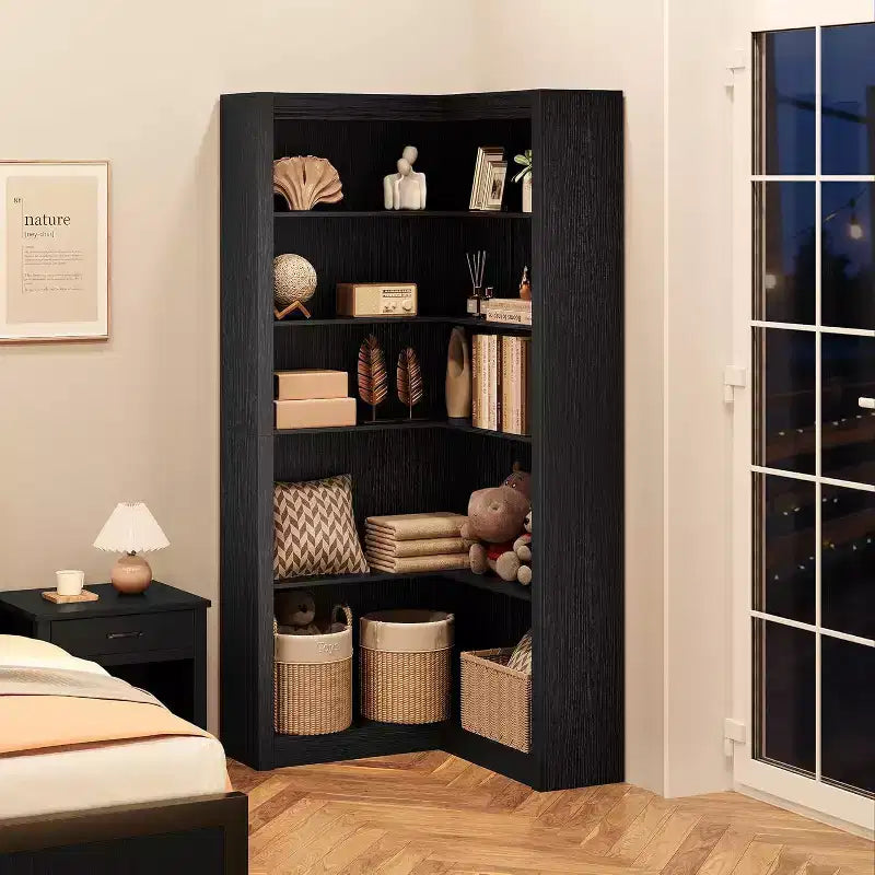 71.8'' Corner Bookshelf, 5-Tier Wooden Farmhouse Bookcase w/Anti-Tipping Kit, Storage Organizer
