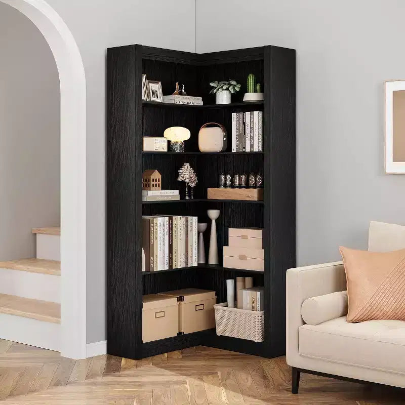 71.8'' Corner Bookshelf, 5-Tier Wooden Farmhouse Bookcase w/Anti-Tipping Kit, Storage Organizer