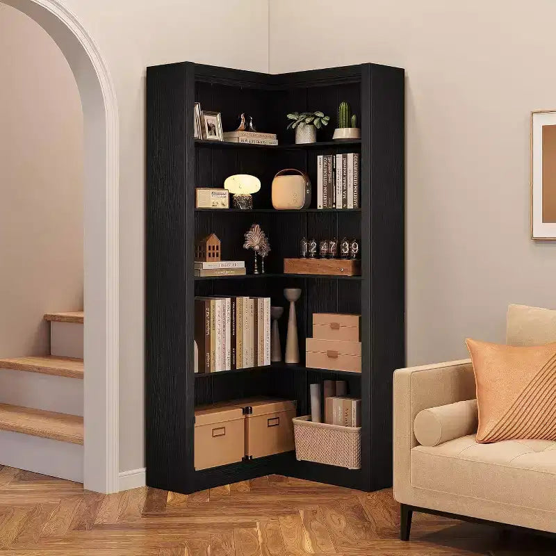 71.8'' Corner Bookshelf, 5-Tier Wooden Farmhouse Bookcase w/Anti-Tipping Kit, Storage Organizer
