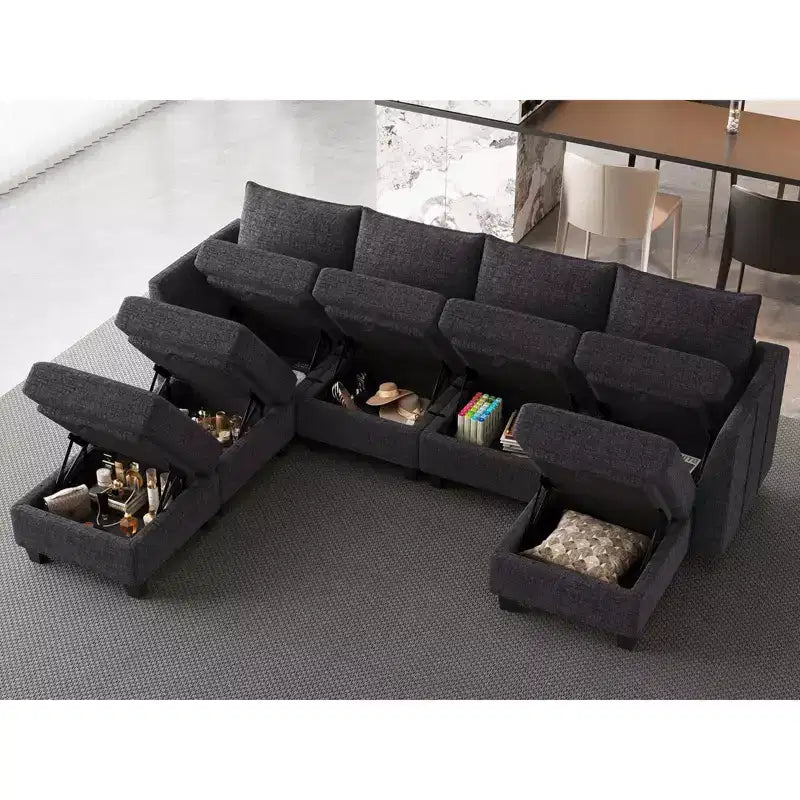 Large U-Shaped Chenille Modular Sectional Sofa with Storage & 7-Seat Chaise