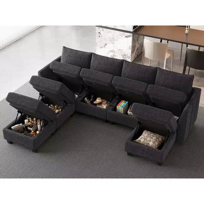 Large U-Shaped Chenille Modular Sectional Sofa with Storage & 7-Seat Chaise