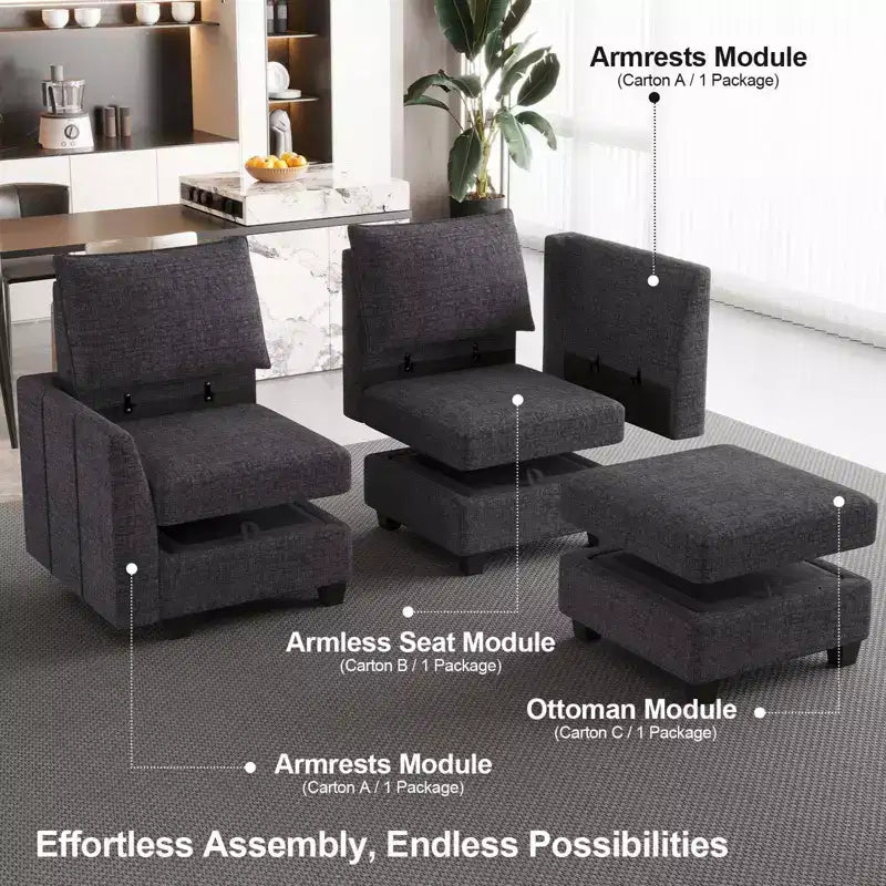 Large U-Shaped Chenille Modular Sectional Sofa with Storage & 7-Seat Chaise