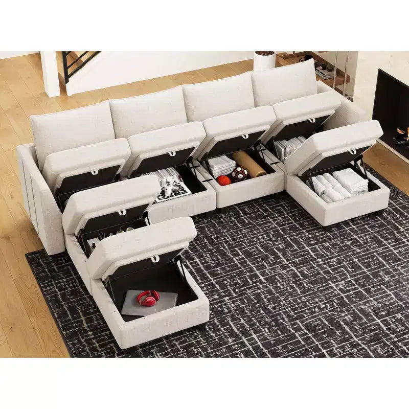 Large U-Shaped Chenille Modular Sectional Sofa with Storage & 7-Seat Chaise