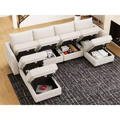 Large U-Shaped Chenille Modular Sectional Sofa with Storage & 7-Seat Chaise