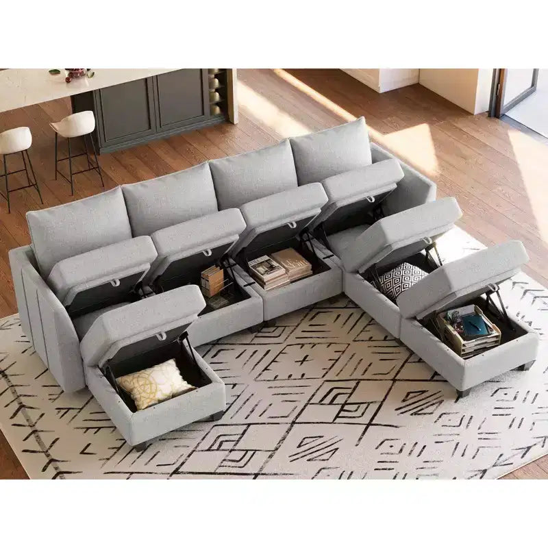 Large U-Shaped Chenille Modular Sectional Sofa with Storage & 7-Seat Chaise