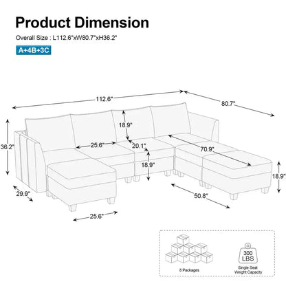 Large U-Shaped Chenille Modular Sectional Sofa with Storage & 7-Seat Chaise
