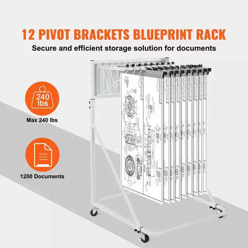 Mobile Blueprint Storage Rack with 12 Pivot Brackets, Adjustable Height & Length