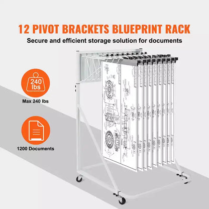 Mobile Blueprint Storage Rack with 12 Pivot Brackets, Adjustable Height & Length