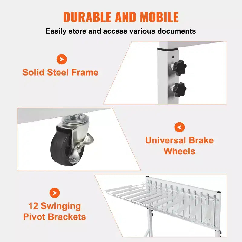 Mobile Blueprint Storage Rack with 12 Pivot Brackets, Adjustable Height & Length