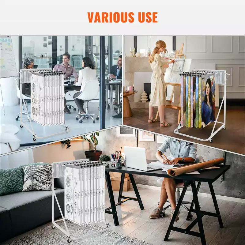 Mobile Blueprint Storage Rack with 12 Pivot Brackets, Adjustable Height & Length