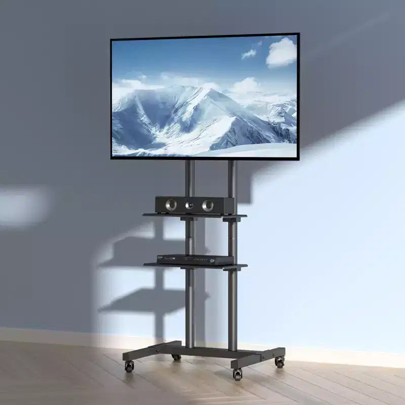 Mobile TV Stand for 32"-70" TVs, Height Adjustable with Wheels & Double Tray