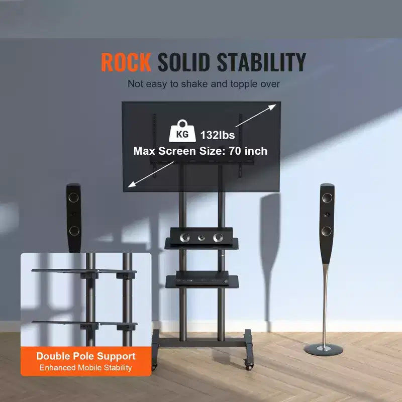 Mobile TV Stand for 32"-70" TVs, Height Adjustable with Wheels & Double Tray