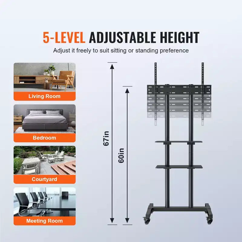 Mobile TV Stand for 32"-70" TVs, Height Adjustable with Wheels & Double Tray