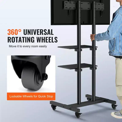 Mobile TV Stand for 32"-70" TVs, Height Adjustable with Wheels & Double Tray