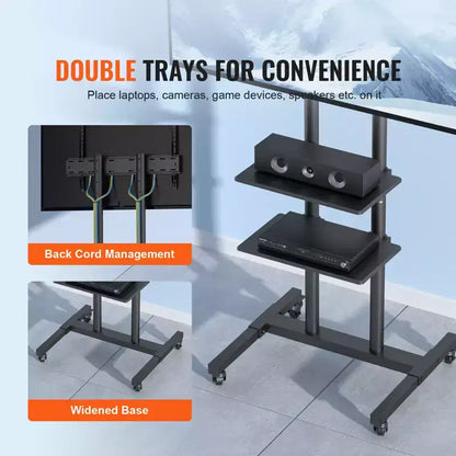 Mobile TV Stand for 32"-70" TVs, Height Adjustable with Wheels & Double Tray