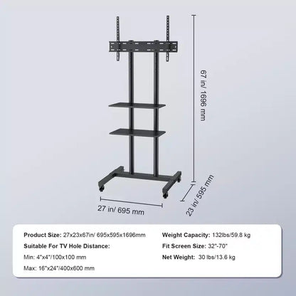 Mobile TV Stand for 32"-70" TVs, Height Adjustable with Wheels & Double Tray