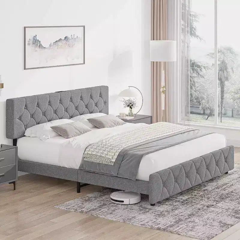 Full Size Bed Frame, Upholstered Platform with Adjustable Headboard, Linen Fabric Wrap, USB Ports, No Box Spring Needed, Easy Assembly, Light Gray