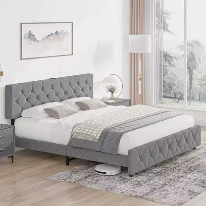 Full Size Bed Frame, Upholstered Platform with Adjustable Headboard, Linen Fabric Wrap, USB Ports, No Box Spring Needed, Easy Assembly, Light Gray