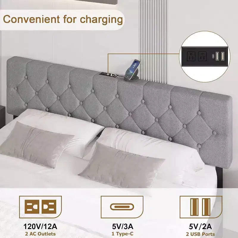 Full Size Bed Frame, Upholstered Platform with Adjustable Headboard, Linen Fabric Wrap, USB Ports, No Box Spring Needed, Easy Assembly, Light Gray