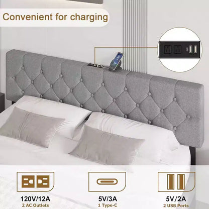 Full Size Bed Frame, Upholstered Platform with Adjustable Headboard, Linen Fabric Wrap, USB Ports, No Box Spring Needed, Easy Assembly, Light Gray