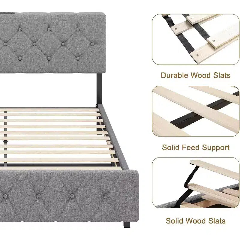 Full Size Bed Frame, Upholstered Platform with Adjustable Headboard, Linen Fabric Wrap, USB Ports, No Box Spring Needed, Easy Assembly, Light Gray