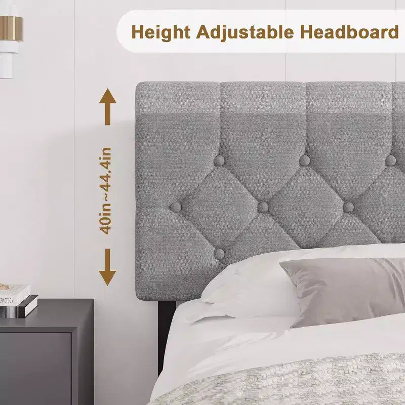 Full Size Bed Frame, Upholstered Platform with Adjustable Headboard, Linen Fabric Wrap, USB Ports, No Box Spring Needed, Easy Assembly, Light Gray