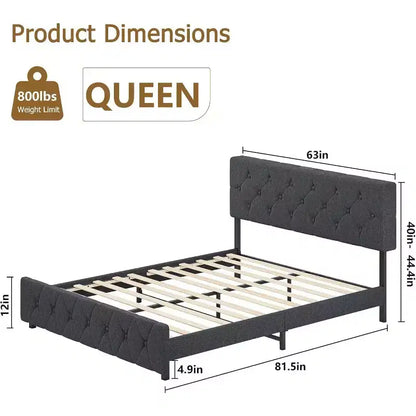 Full Size Bed Frame, Upholstered Platform with Adjustable Headboard, Linen Fabric Wrap, USB Ports, No Box Spring Needed, Easy Assembly, Light Gray