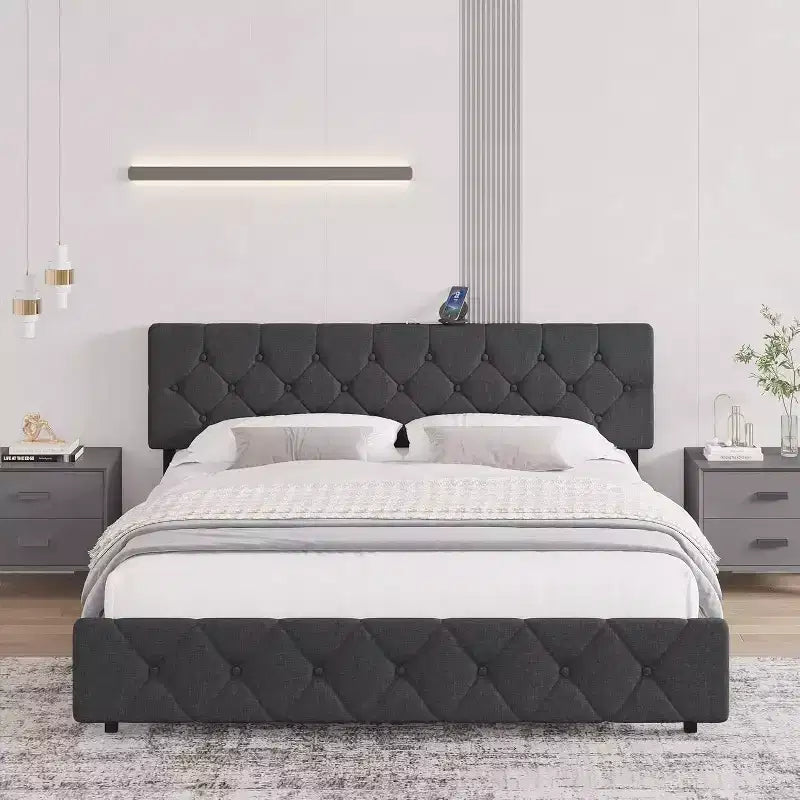 Full Size Bed Frame, Upholstered Platform with Adjustable Headboard, Linen Fabric Wrap, USB Ports, No Box Spring Needed, Easy Assembly, Light Gray