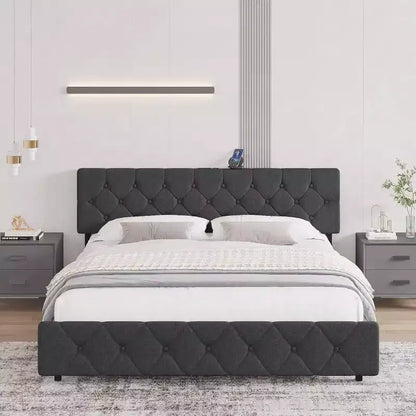 Full Size Bed Frame, Upholstered Platform with Adjustable Headboard, Linen Fabric Wrap, USB Ports, No Box Spring Needed, Easy Assembly, Light Gray