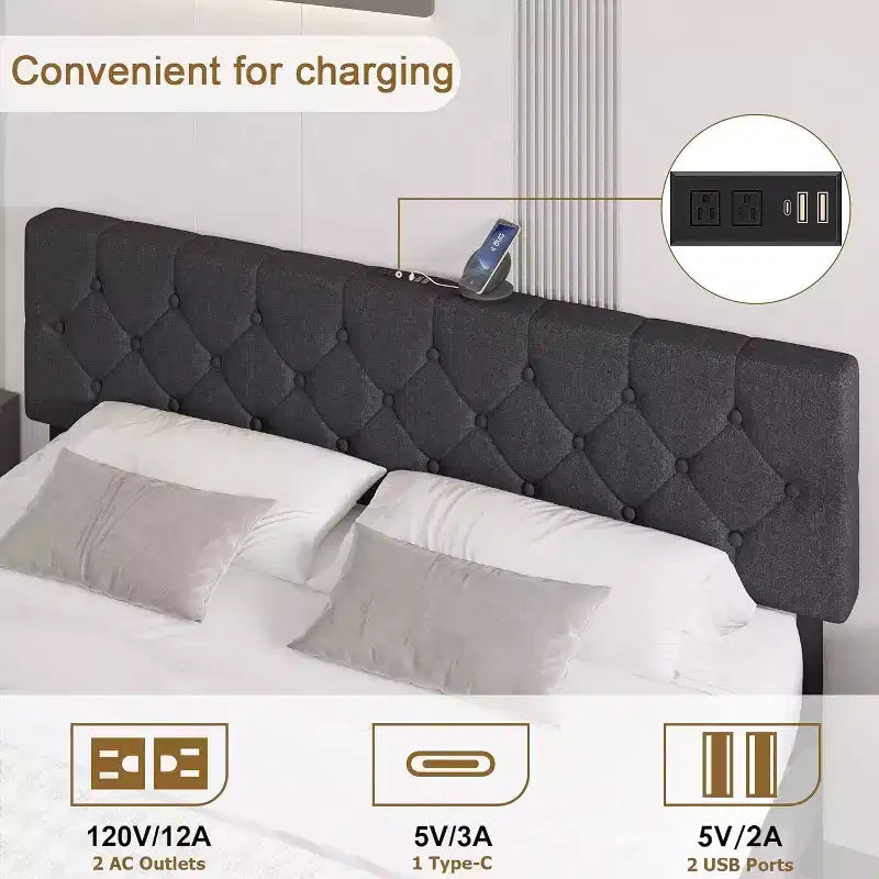 Full Size Bed Frame, Upholstered Platform with Adjustable Headboard, Linen Fabric Wrap, USB Ports, No Box Spring Needed, Easy Assembly, Light Gray