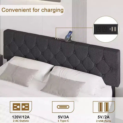 Full Size Bed Frame, Upholstered Platform with Adjustable Headboard, Linen Fabric Wrap, USB Ports, No Box Spring Needed, Easy Assembly, Light Gray