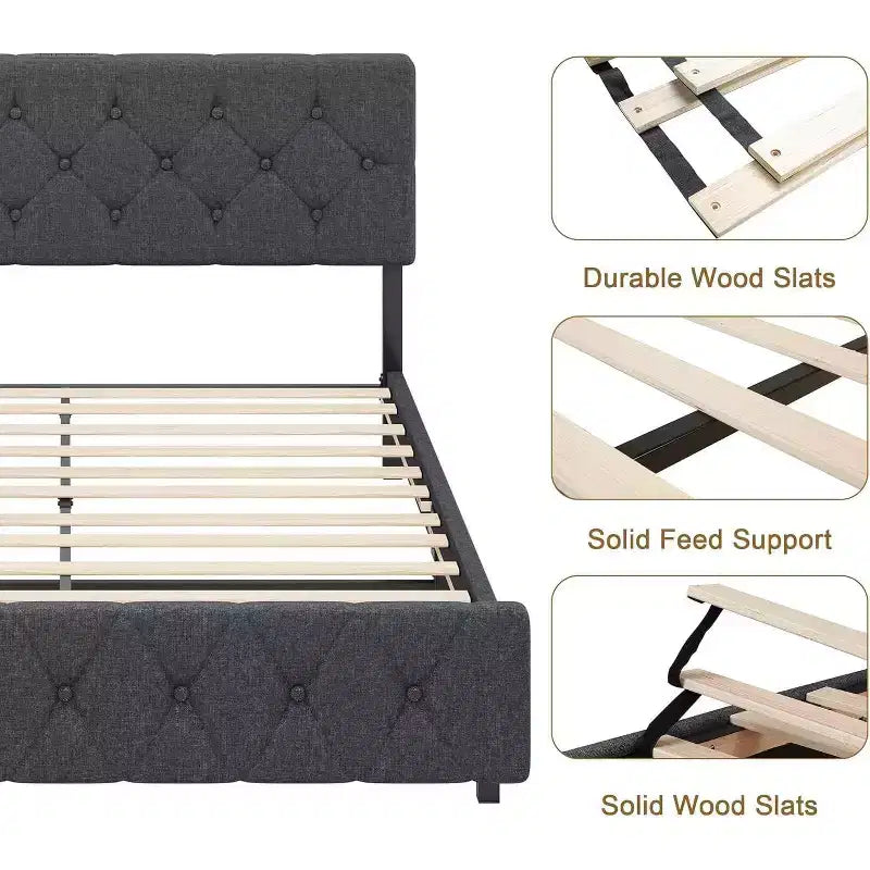 Full Size Bed Frame, Upholstered Platform with Adjustable Headboard, Linen Fabric Wrap, USB Ports, No Box Spring Needed, Easy Assembly, Light Gray