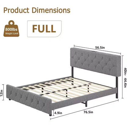 Full Size Bed Frame, Upholstered Platform with Adjustable Headboard, Linen Fabric Wrap, USB Ports, No Box Spring Needed, Easy Assembly, Light Gray