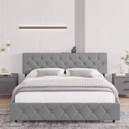 Full Size Bed Frame, Upholstered Platform with Adjustable Headboard, Linen Fabric Wrap, USB Ports, No Box Spring Needed, Easy Assembly, Light Gray