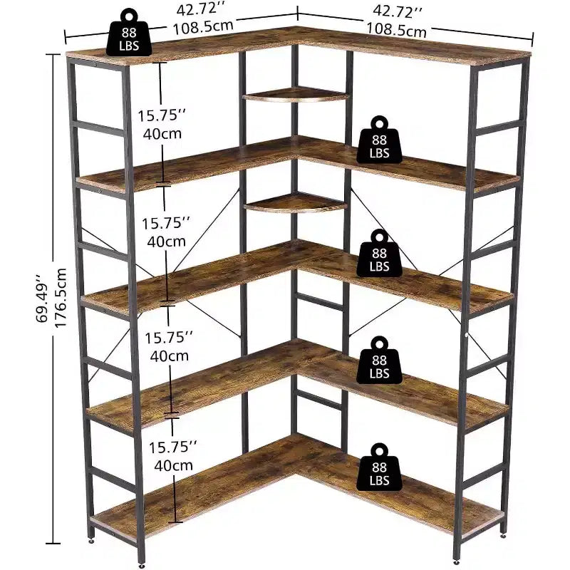 5 Tier Corner Bookcase, Industrial L-Shaped Wooden Bookcase, Large Storage Display Shelf with Metal Frame, Home Office, Living Room, Kitchen