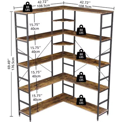 5 Tier Corner Bookcase, Industrial L-Shaped Wooden Bookcase, Large Storage Display Shelf with Metal Frame, Home Office, Living Room, Kitchen