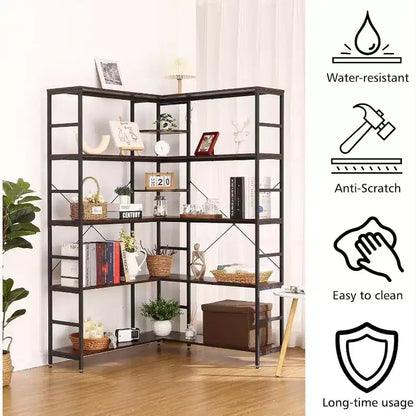 5 Tier Corner Bookcase, Industrial L-Shaped Wooden Bookcase, Large Storage Display Shelf with Metal Frame, Home Office, Living Room, Kitchen