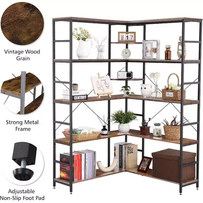 5 Tier Corner Bookcase, Industrial L-Shaped Wooden Bookcase, Large Storage Display Shelf with Metal Frame, Home Office, Living Room, Kitchen