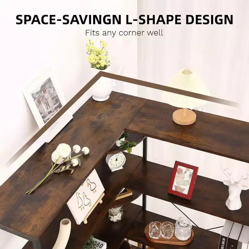 5 Tier Corner Bookcase, Industrial L-Shaped Wooden Bookcase, Large Storage Display Shelf with Metal Frame, Home Office, Living Room, Kitchen