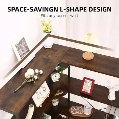 5 Tier Corner Bookcase, Industrial L-Shaped Wooden Bookcase, Large Storage Display Shelf with Metal Frame, Home Office, Living Room, Kitchen