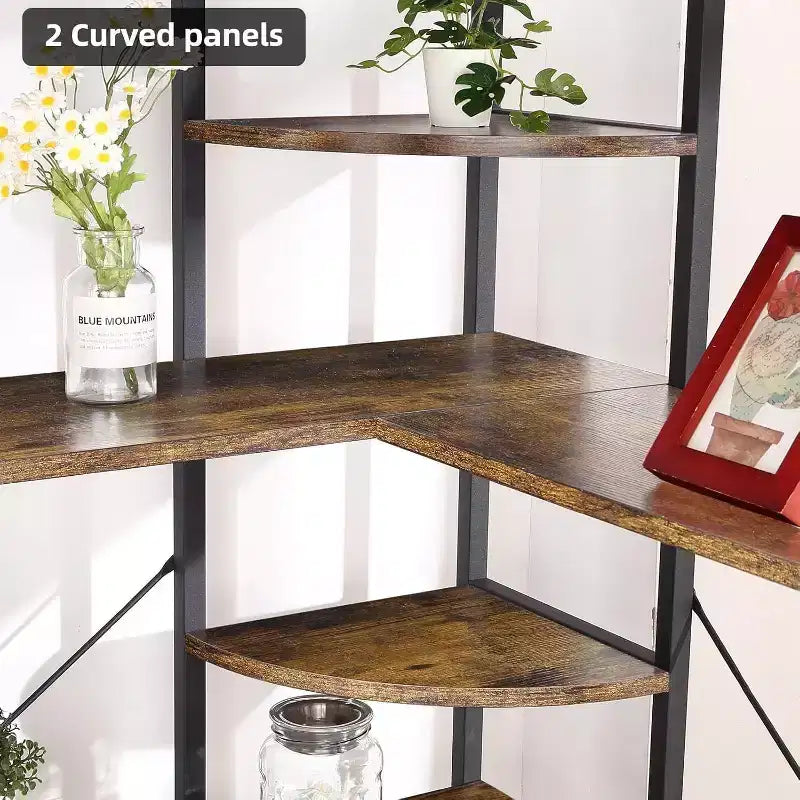 5 Tier Corner Bookcase, Industrial L-Shaped Wooden Bookcase, Large Storage Display Shelf with Metal Frame, Home Office, Living Room, Kitchen