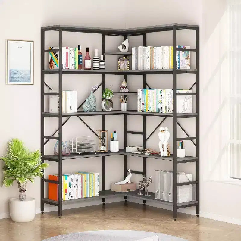 5 Tier Corner Bookcase, Industrial L-Shaped Wooden Bookcase, Large Storage Display Shelf with Metal Frame, Home Office, Living Room, Kitchen