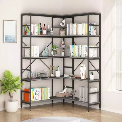 5 Tier Corner Bookcase, Industrial L-Shaped Wooden Bookcase, Large Storage Display Shelf with Metal Frame, Home Office, Living Room, Kitchen