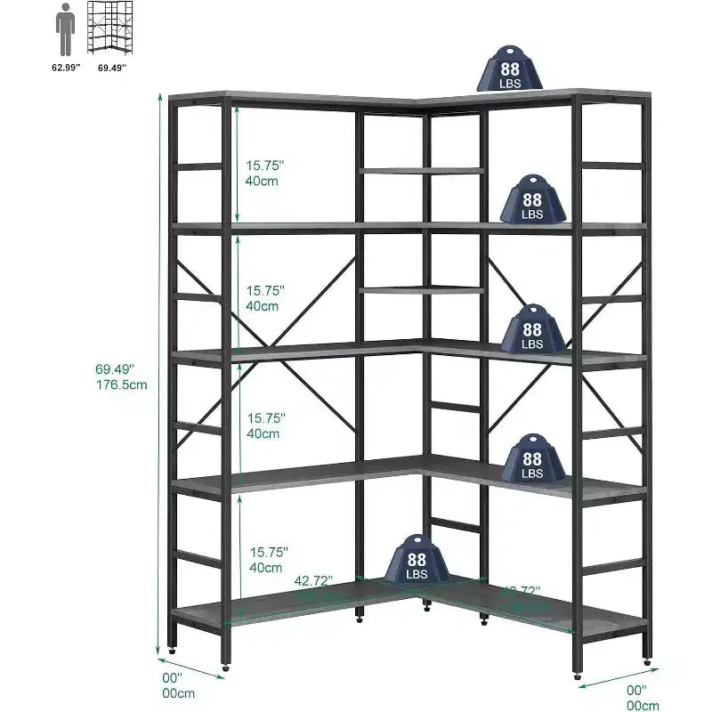 5 Tier Corner Bookcase, Industrial L-Shaped Wooden Bookcase, Large Storage Display Shelf with Metal Frame, Home Office, Living Room, Kitchen